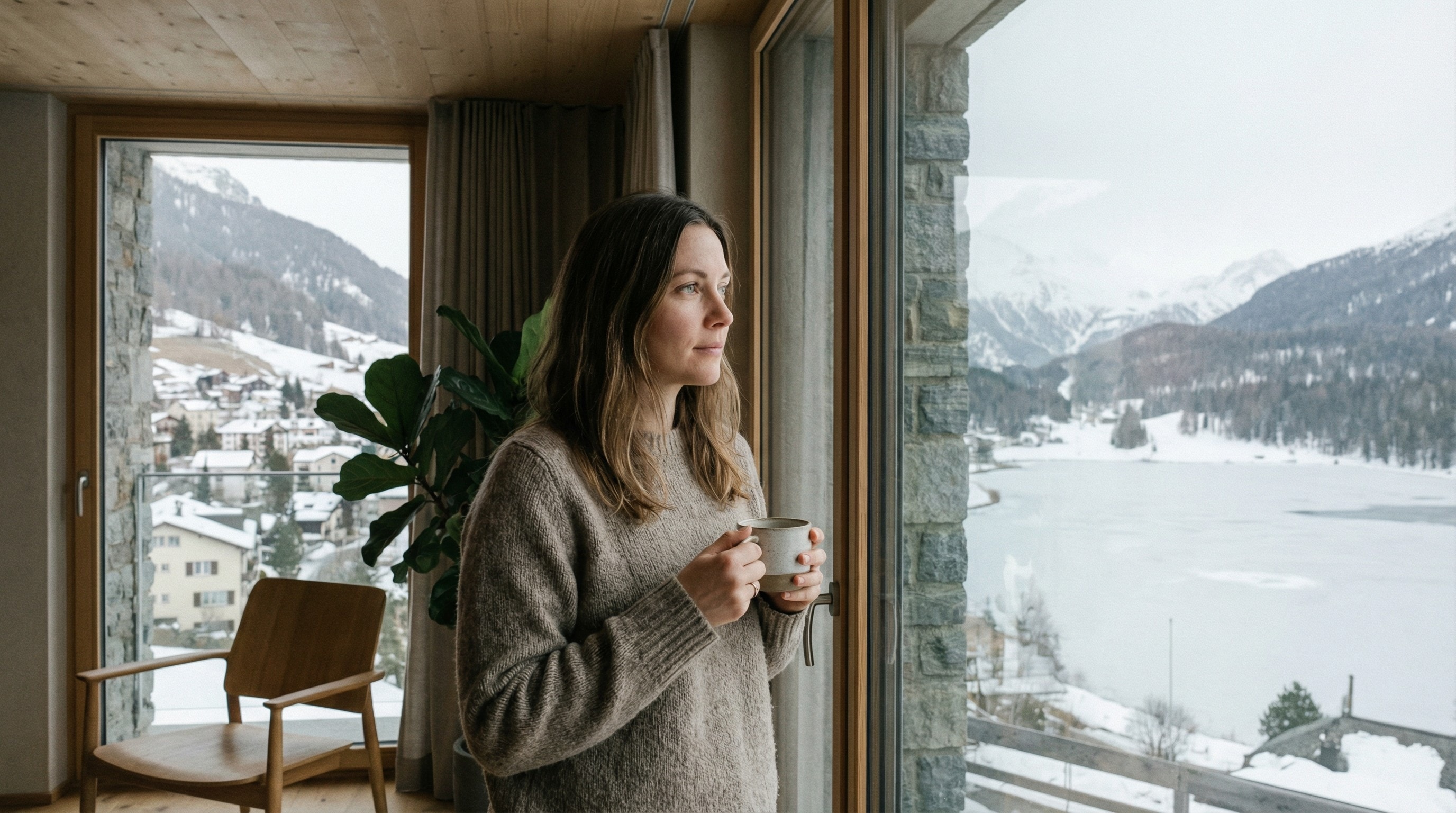 Frau mit Tasse blickt durch ein grosses Fenster auf verschneite Schweizer Berge und einen zugefrorenen See