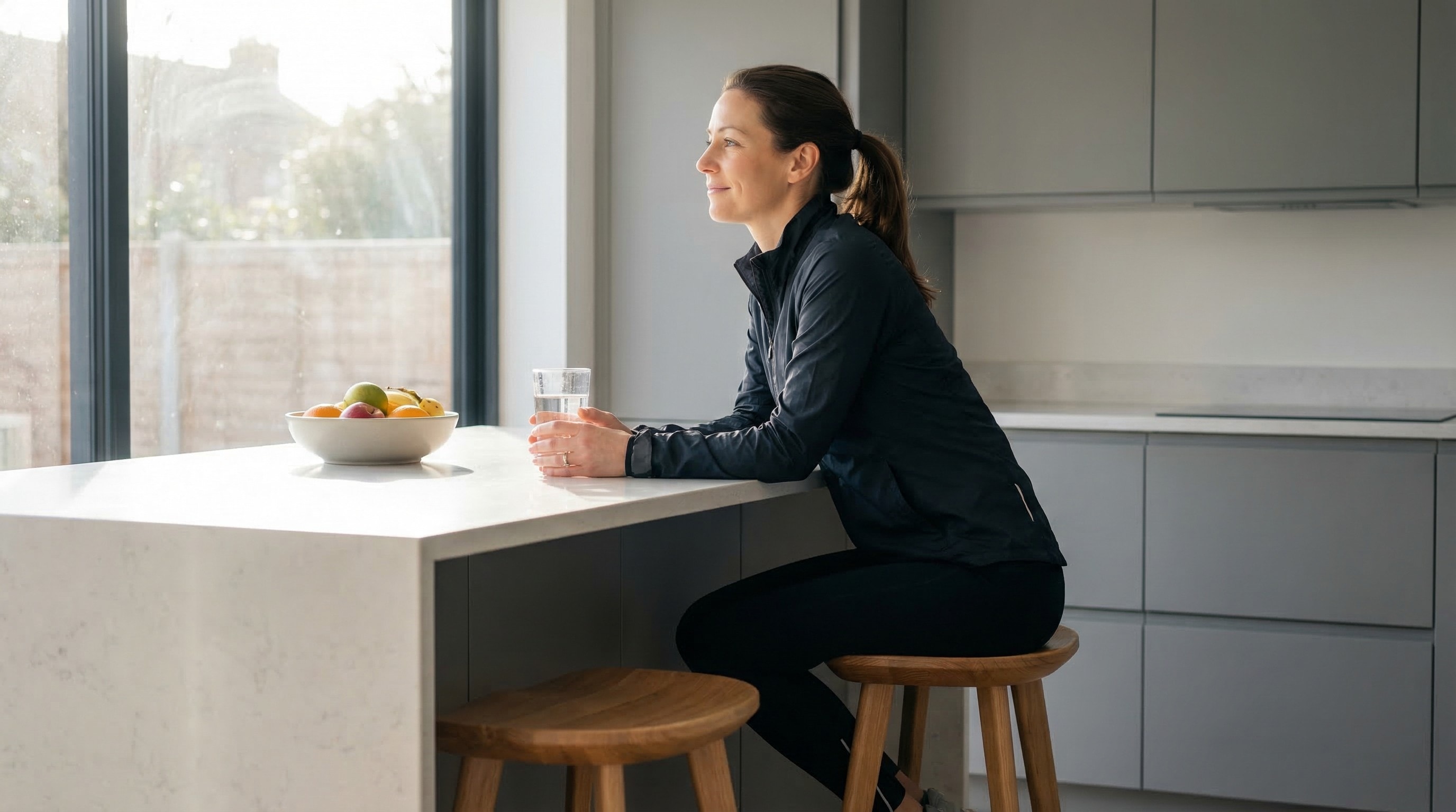 Frau in Sportjacke sitzt an einer Kücheninsel mit Wasserglas und Obstschale