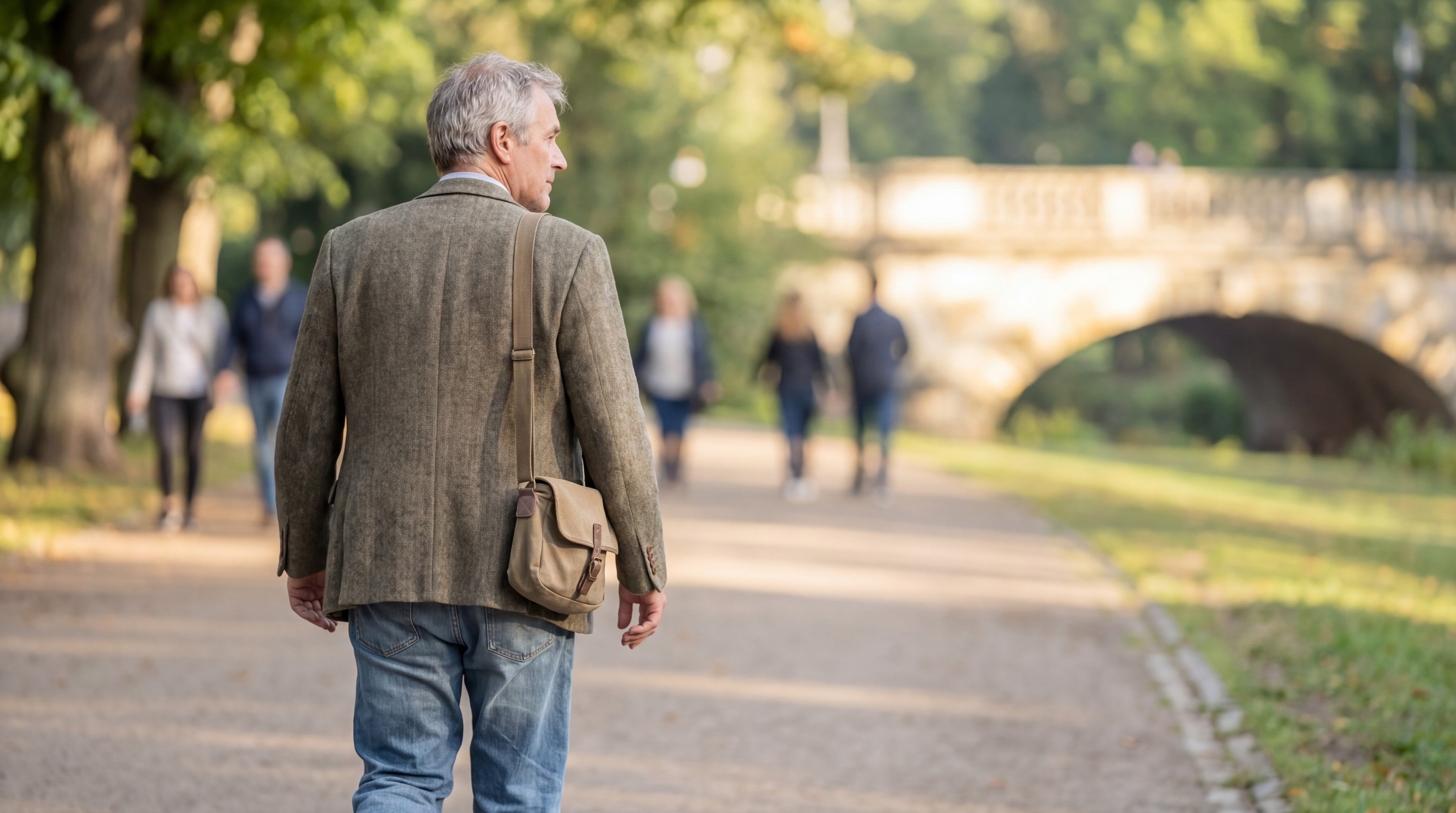 Homme en veste de tweed avec sacoche marchant dans un parc près d'un pont en pierre