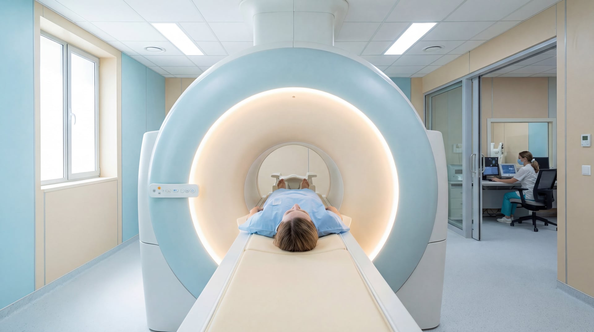 Patient lying on an MRI bed sliding into the scanner bore in a modern imaging suite