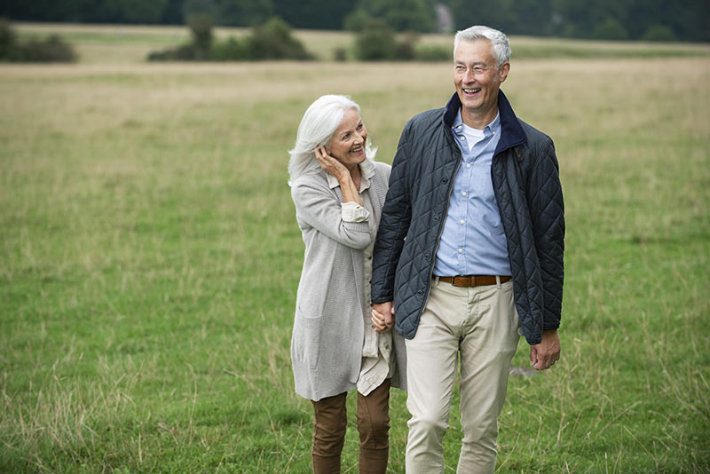 Lachendes älteres Paar geht Händchen haltend an einem bewölkten Tag durch eine grüne Wiese