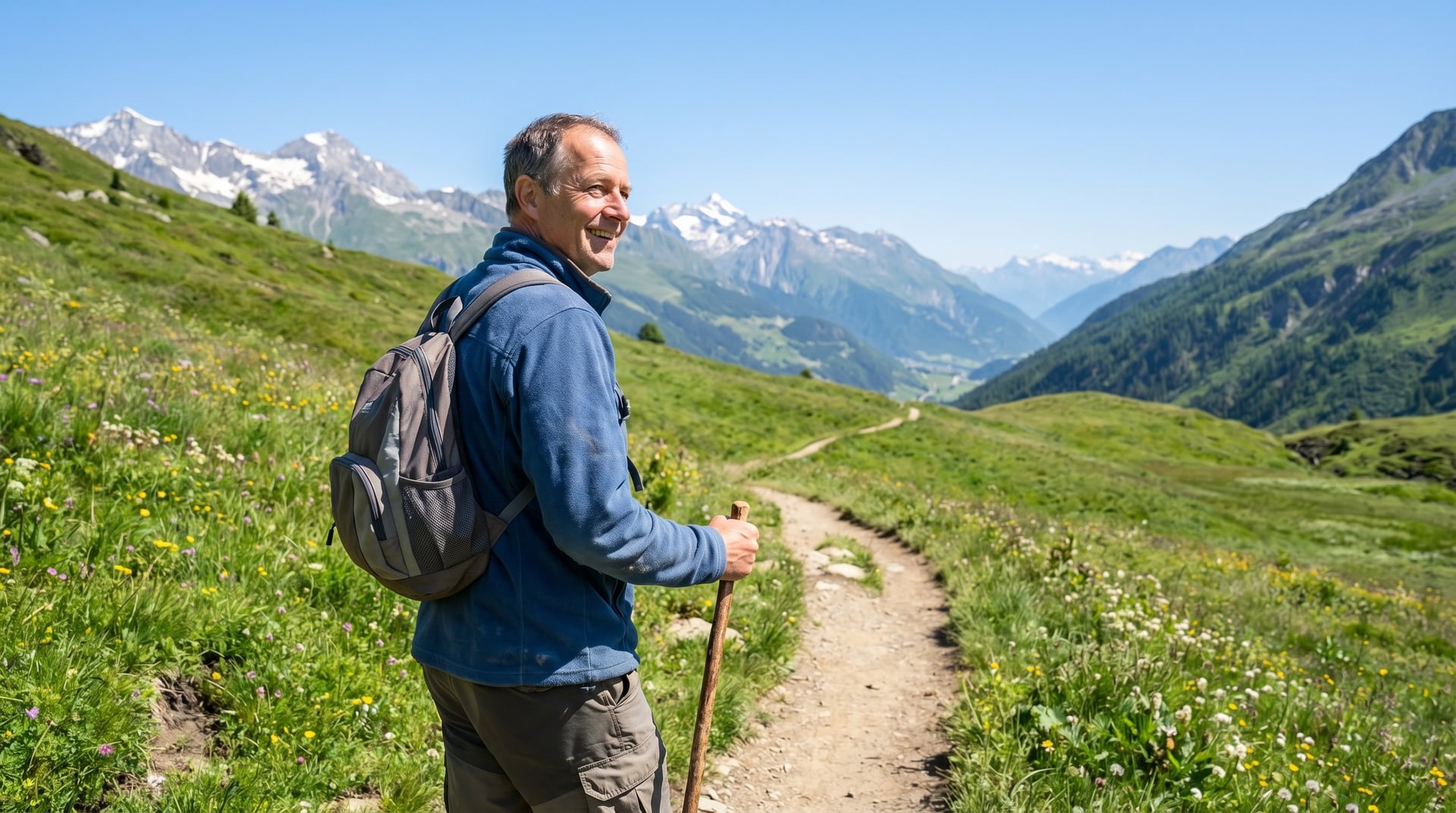Lächelnder älterer Mann mit Rucksack und Wanderstock auf einem Alpenwiesenweg
