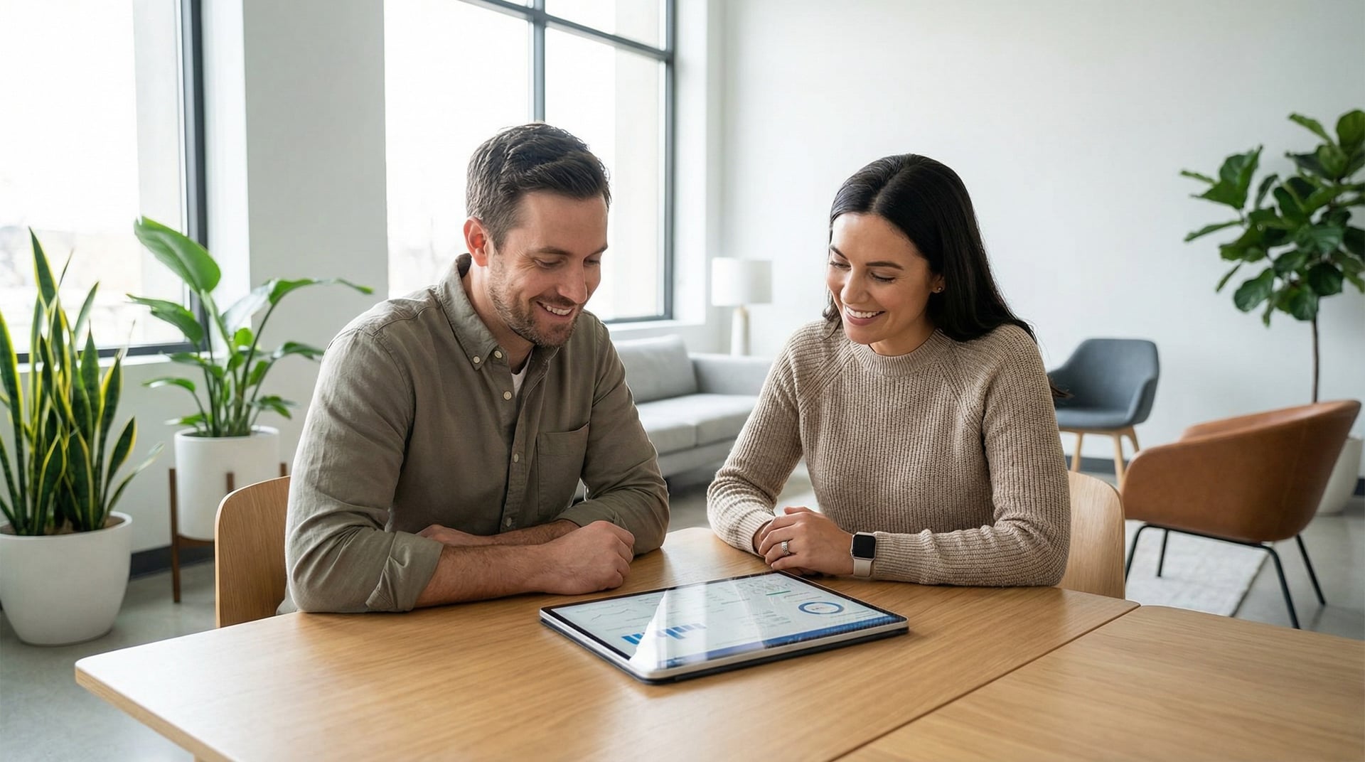 Lächelndes Paar an einem Holztisch betrachtet ein Tablet mit Gesundheitsdiagrammen in einem hellen Wohnzimmer
