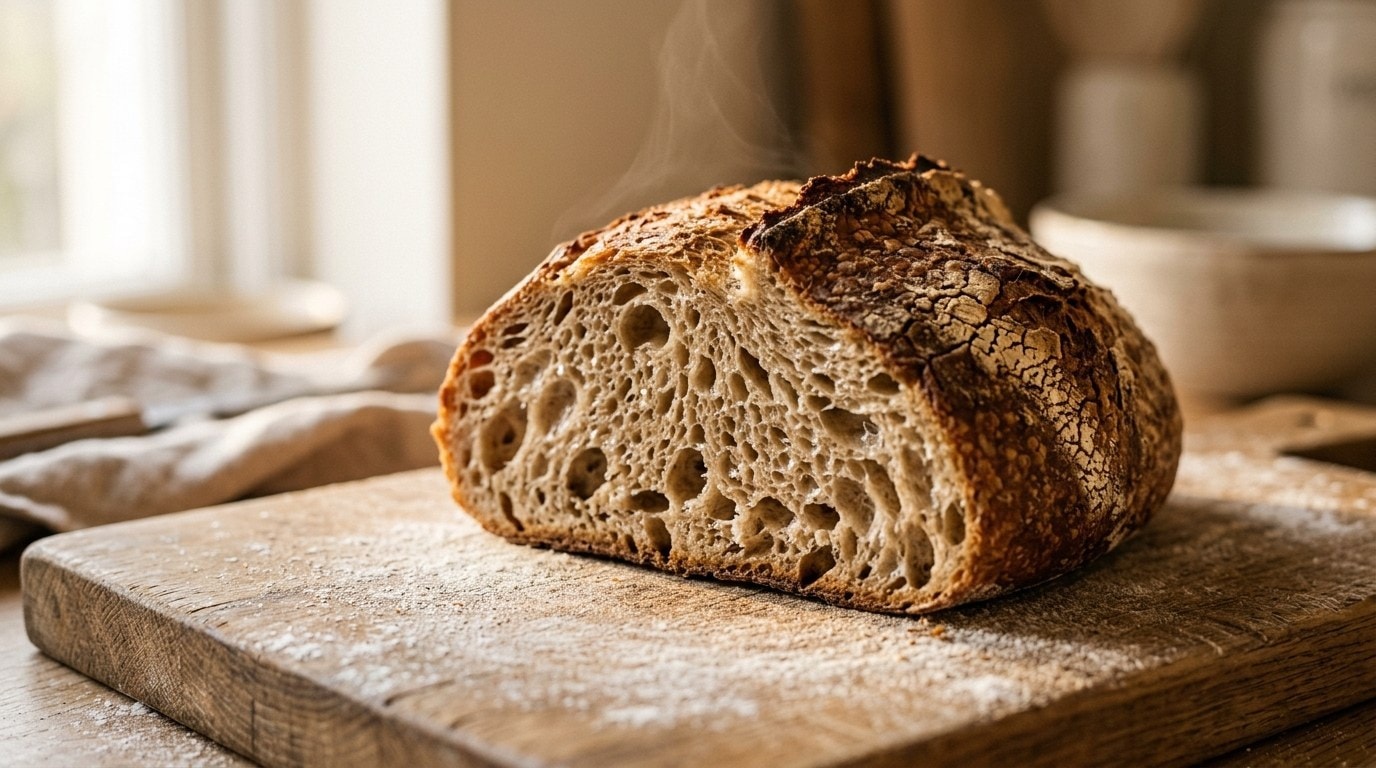 Sourdough loaf on a flour-dusted wooden board in warm morning light