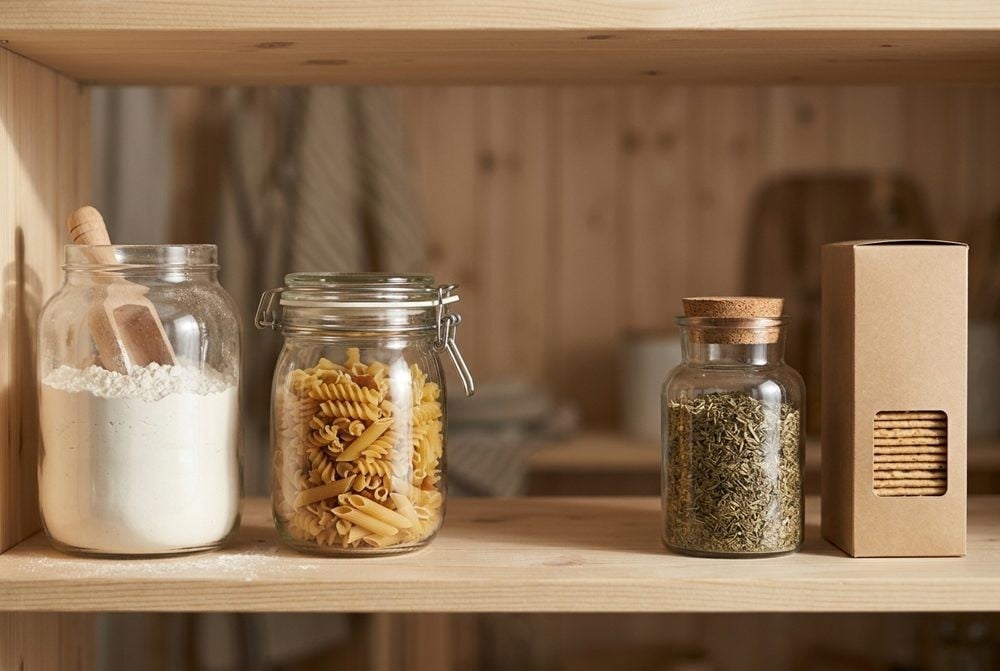 Pantry shelf with jars of flour, pasta and grains in natural light
