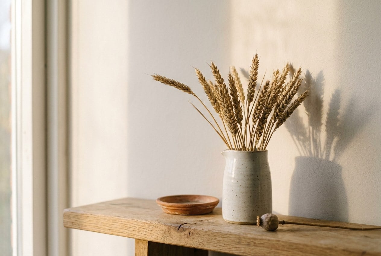 Dried wheat stalks in a ceramic vase on a wooden shelf
