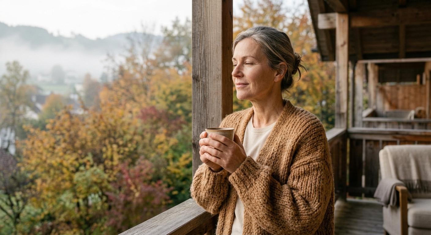 Woman in her fifties holding a warm drink on a wooden balcony overlooking autumn trees