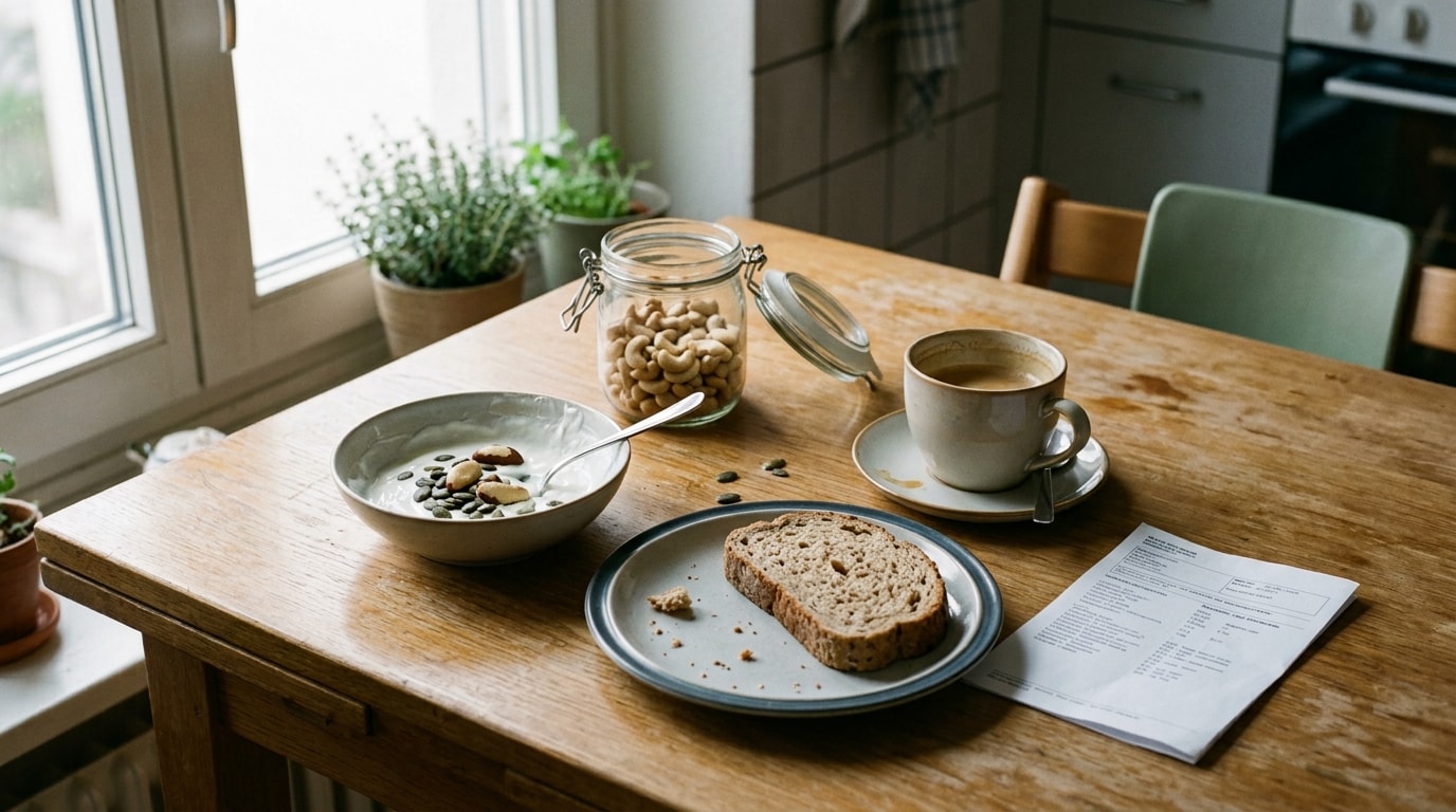 Breakfast table with yogurt, pumpkin seeds, Brazil nuts, cashews and whole-grain bread next to a lab report