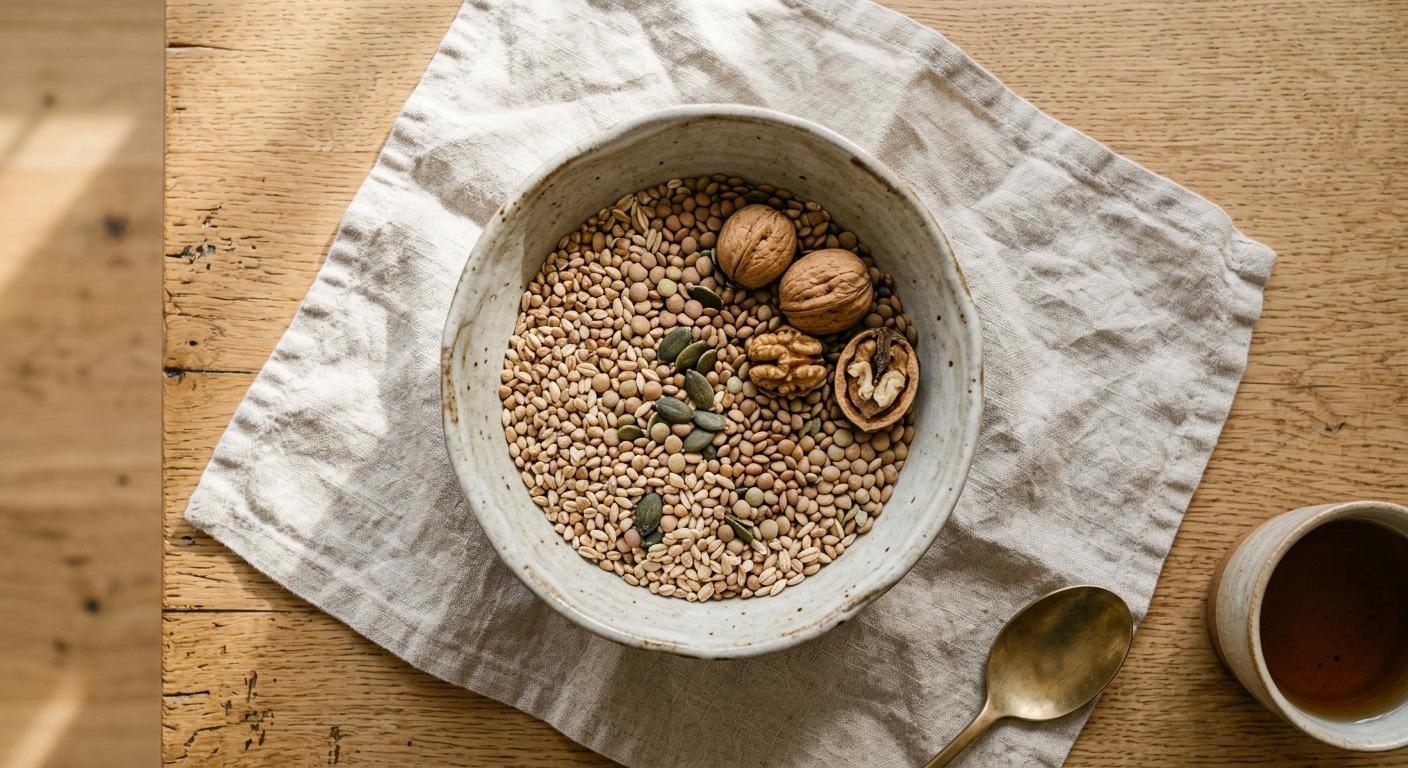 Bowl of lentils, whole grains, pumpkin seeds and walnuts, plant foods that contain zinc