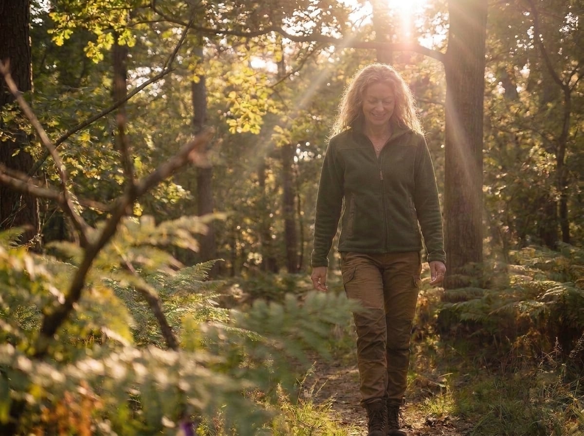 Woman walking a sunlit woodland trail, smiling softly