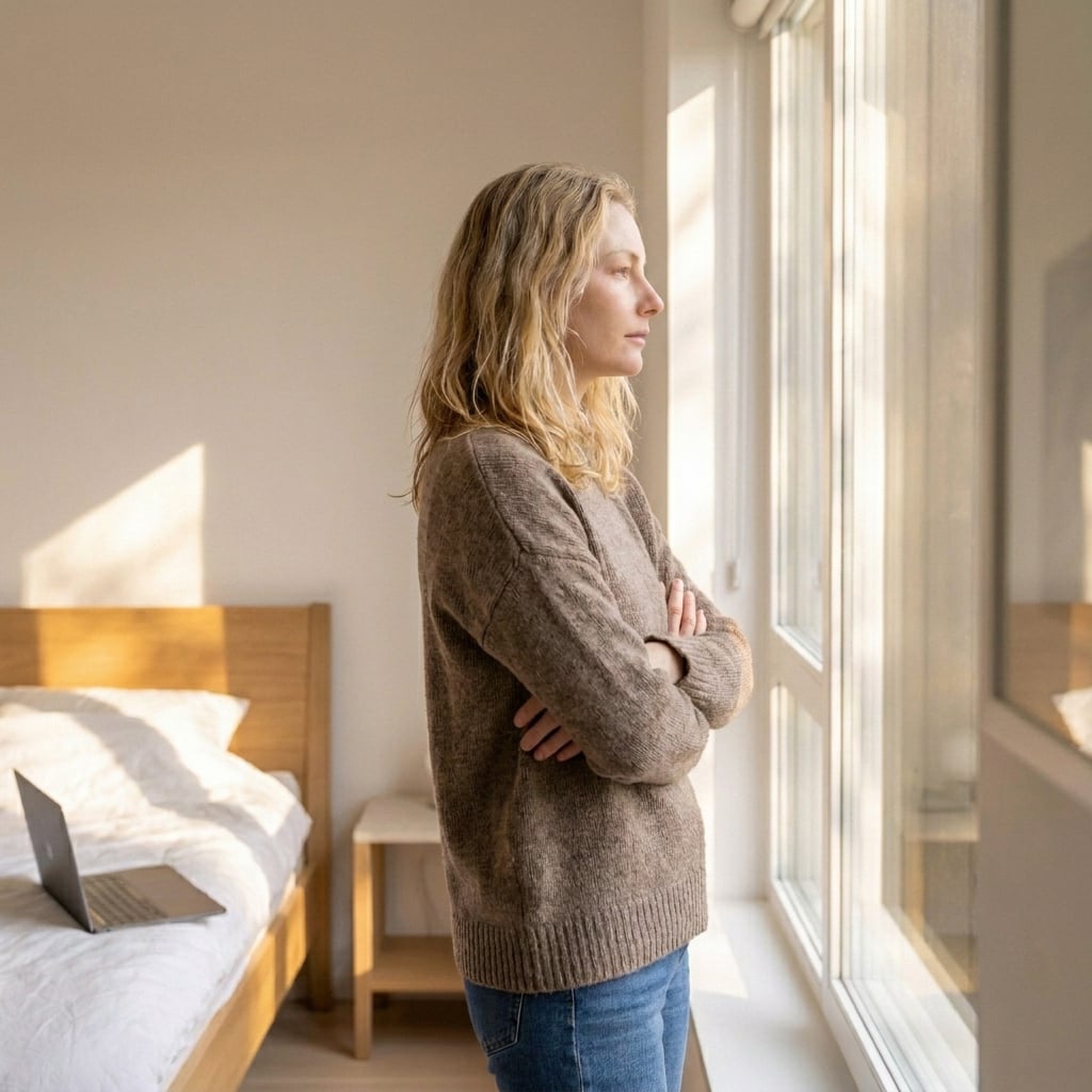 Woman standing by a sunlit window at home, laptop open on the bed behind her