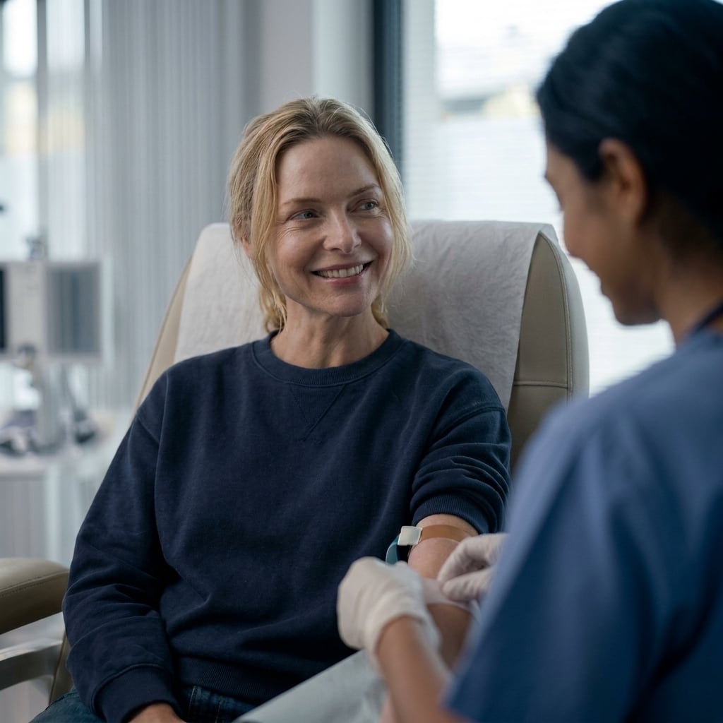 Smiling patient during a blood draw with a clinician in a bright clinic