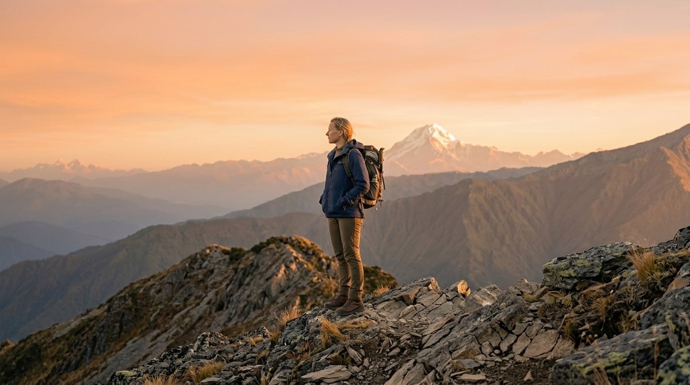 Hiker on a mountain ridge at sunset looking toward distant peaks