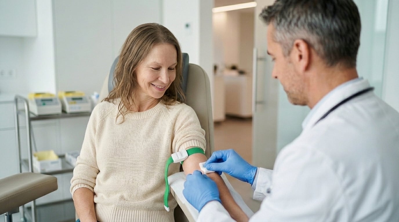 Clinician taking a blood sample from a smiling patient