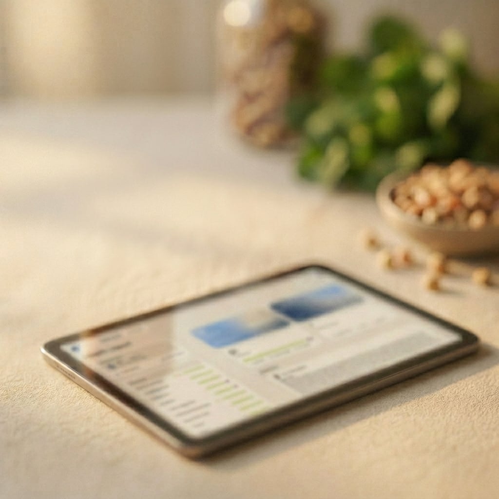 Tablet showing a health report on a kitchen counter