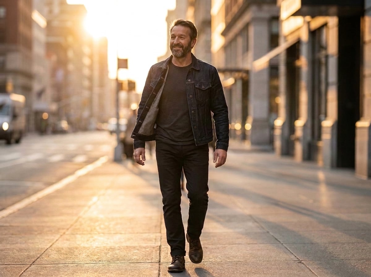 Man walking down a city street in warm golden light