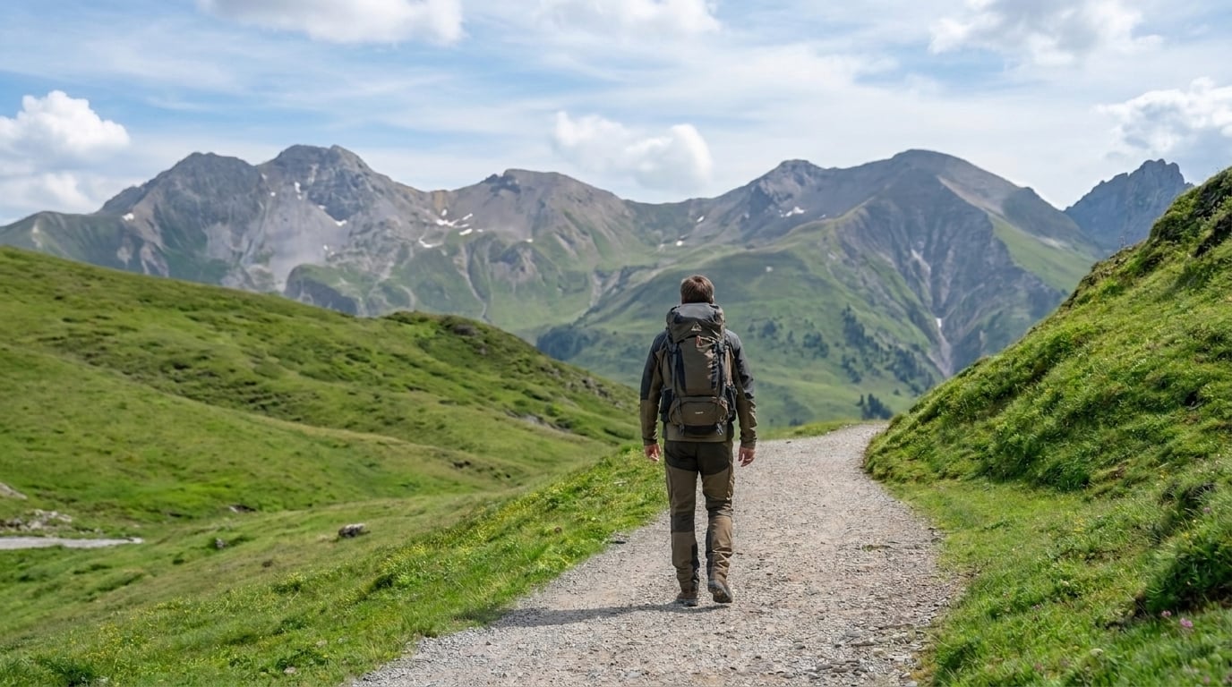 Hiker with a backpack walking a mountain trail toward the Alps