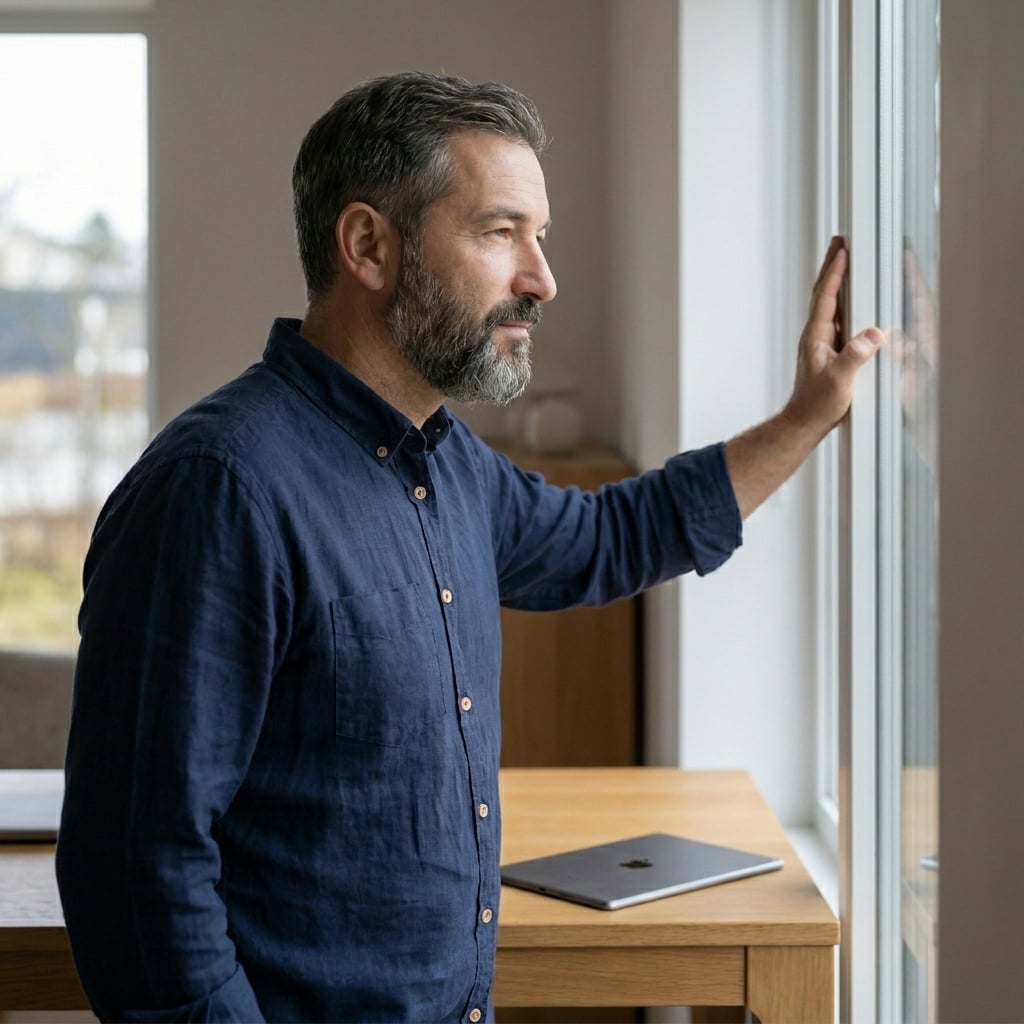 Man at home by a window with a laptop on the desk