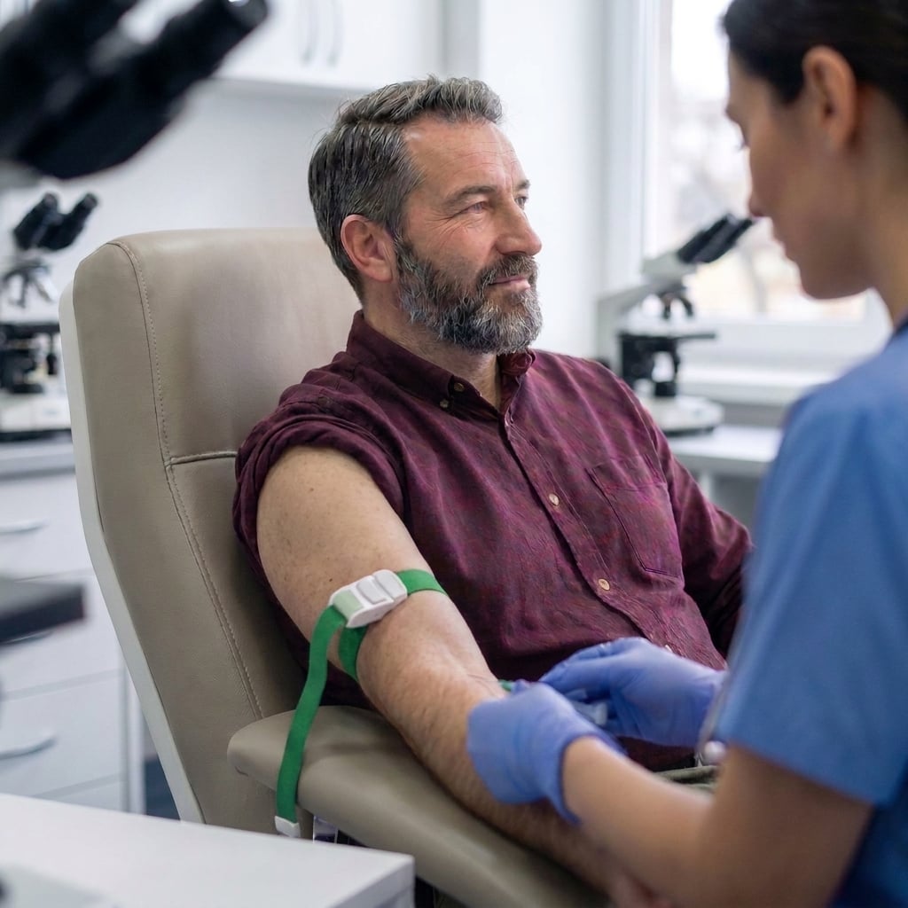 Clinician taking a blood sample from a man in a clinic
